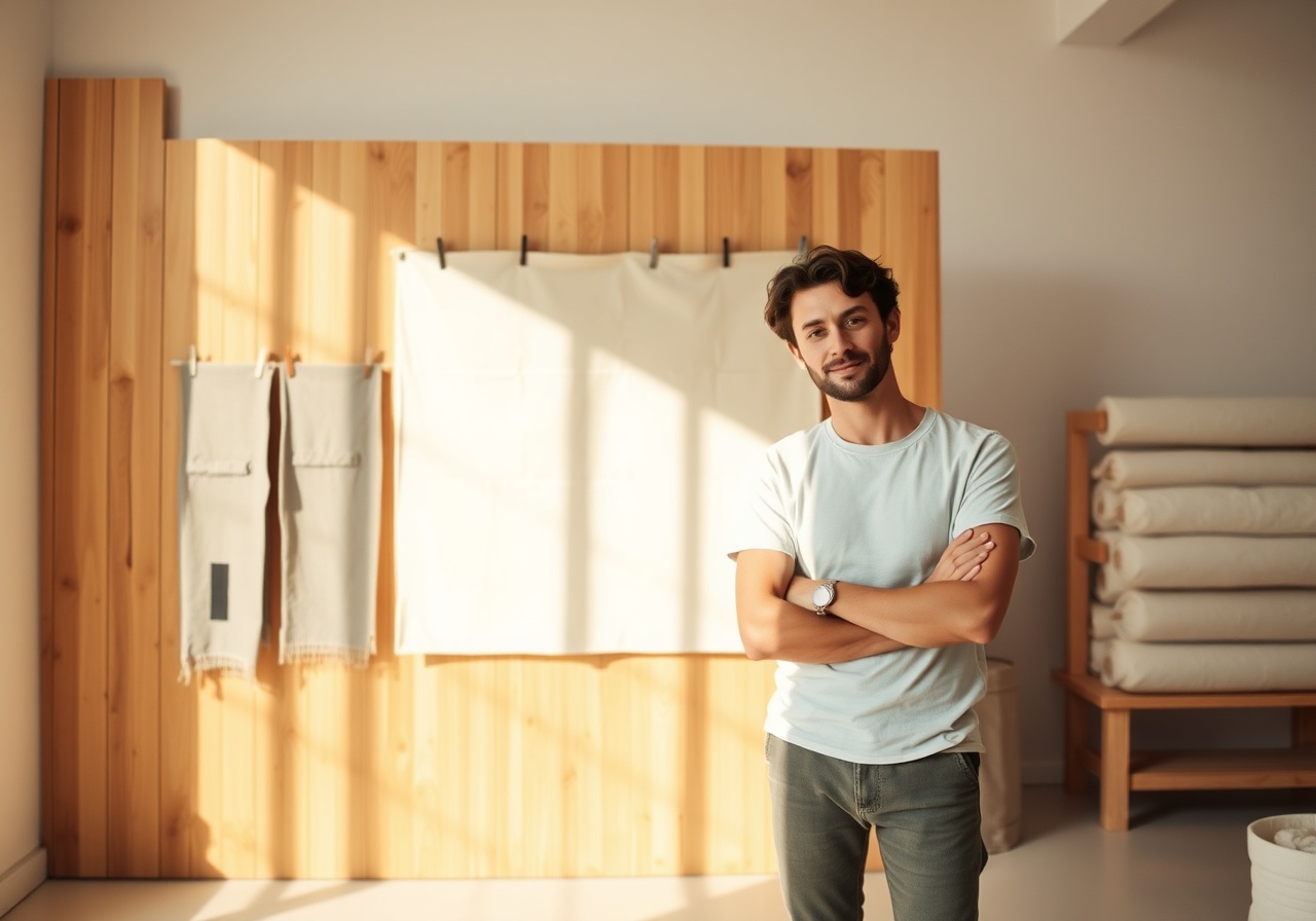 Sarah and James standing in a sunlit textile studio surrounded by bolts of linen and organic cotton
