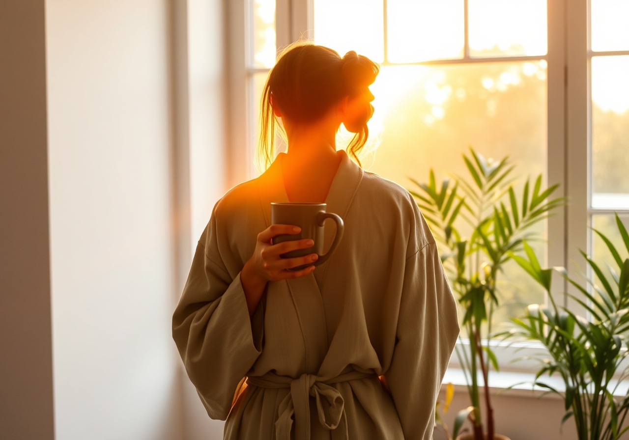 A woman in a soft oat-colored linen robe standing in a sunlit bedroom, morning light filtering through sheer curtains