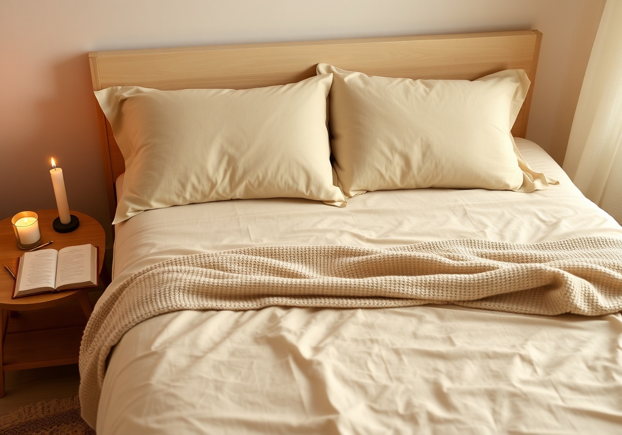 A serene bedroom scene featuring a bamboo sheet set and weighted blanket on a bed