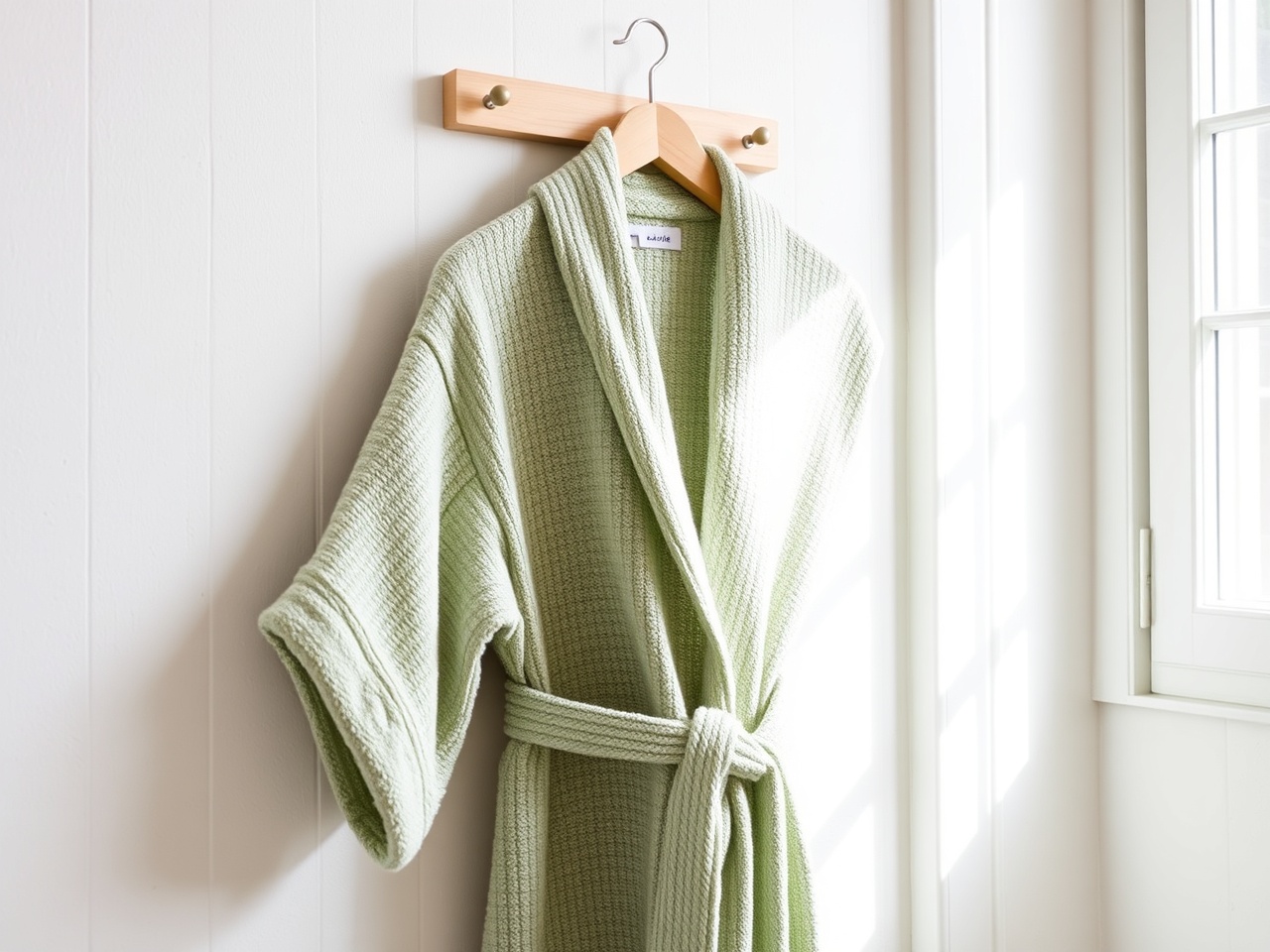 The Everyday Bamboo Robe in oat color on a hanger