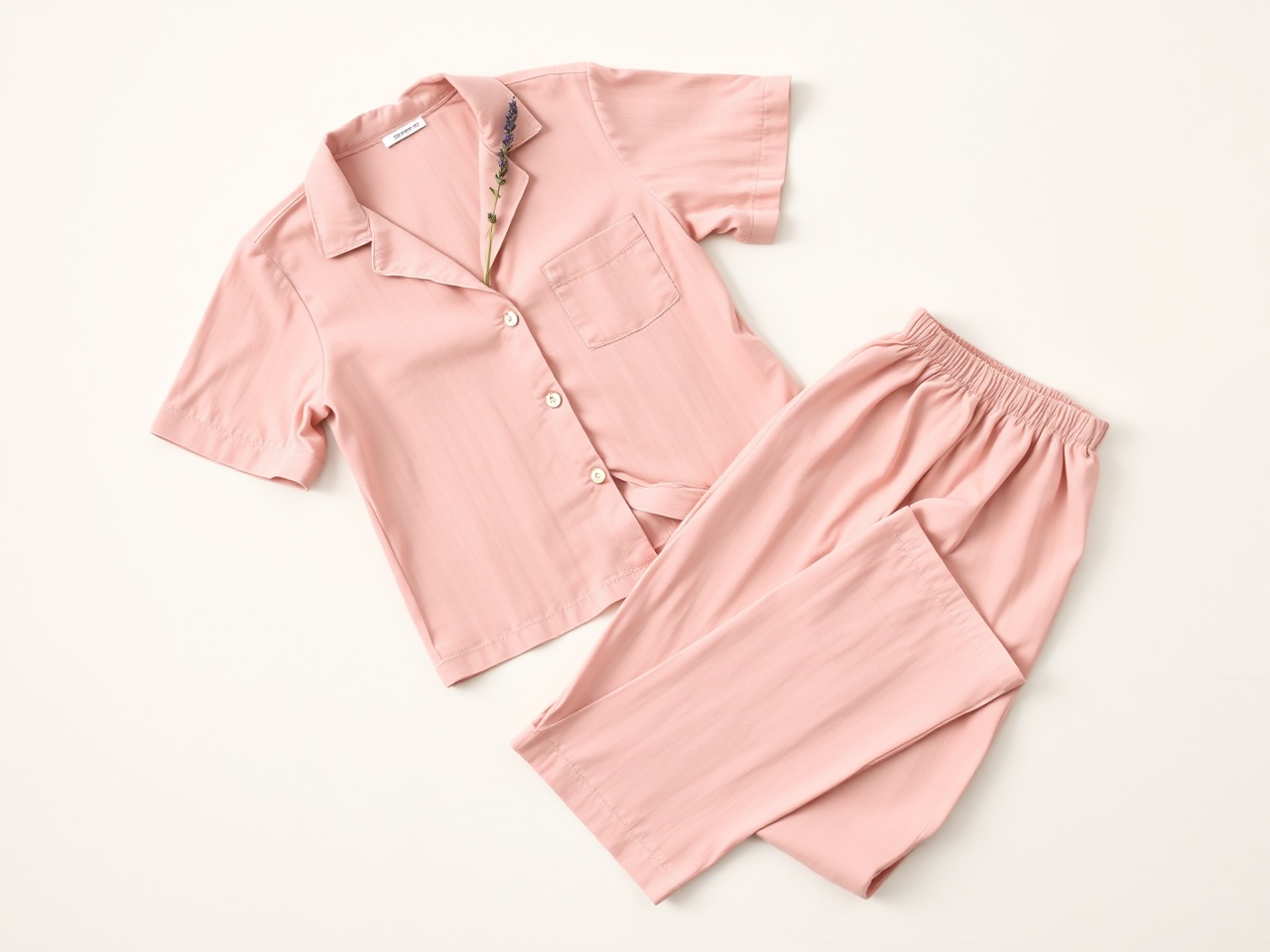 The Cloud Linen Pajama Set in Oat color, flat lay on a textured linen surface