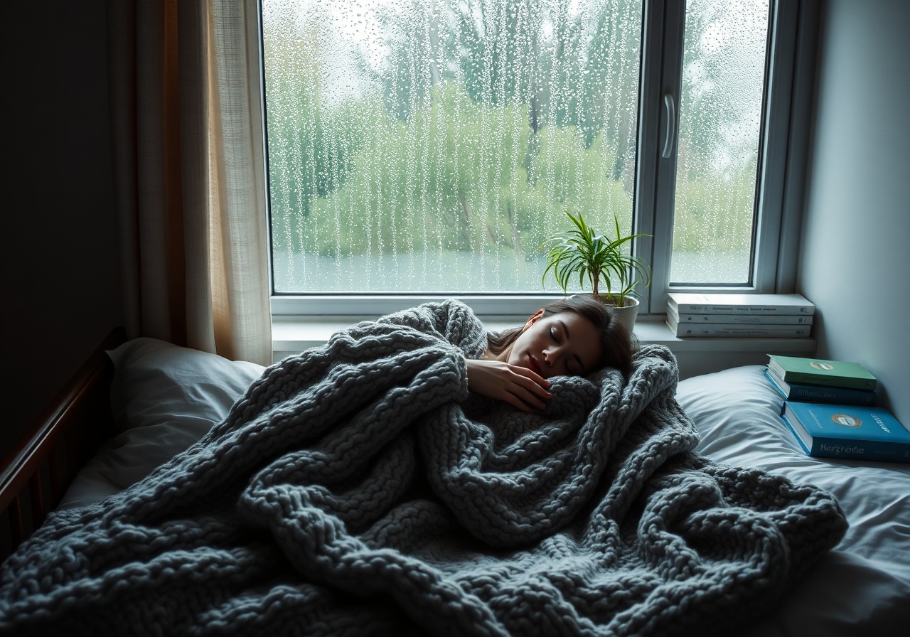 A cozy living room scene featuring the Grounding Knit Blanket draped over an armchair with a warm, inviting atmosphere