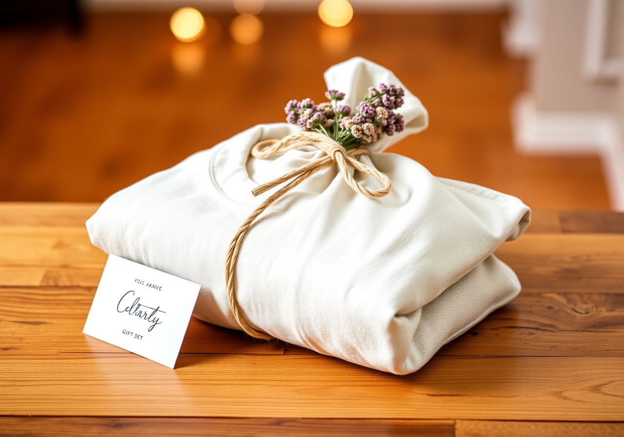 Gift guide packaging featuring oat and sage colored textiles wrapped in recycled paper