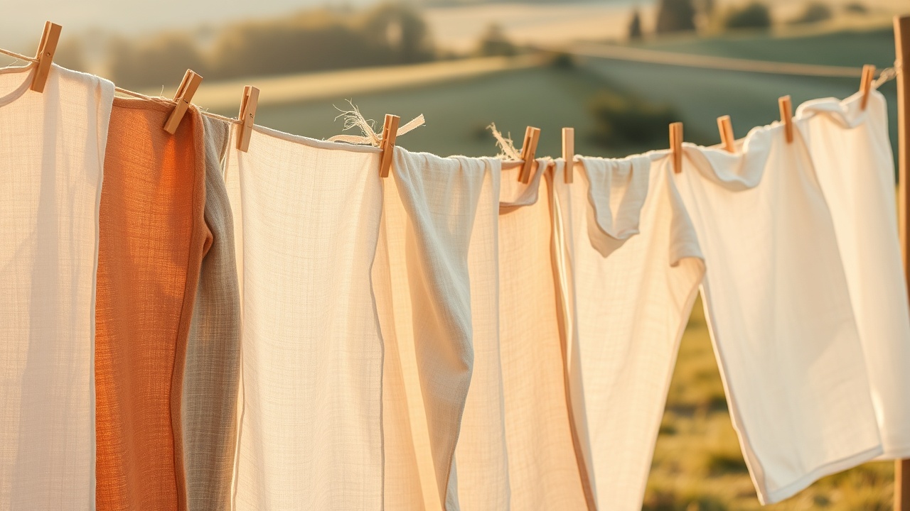 Sun-dried linen garments hanging on a line in a sunlit garden