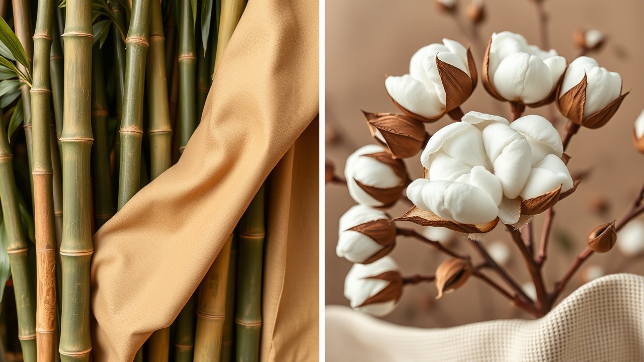 A split editorial view of bamboo fabric texture on the left and organic cotton weave on the right