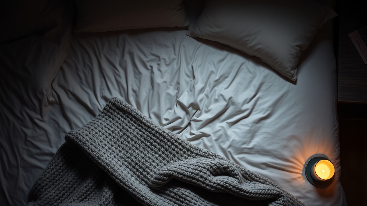 A person wrapped in a textured oat-colored knit blanket sleeping peacefully in a dimly lit bedroom